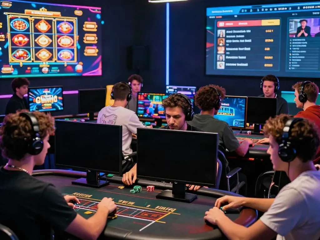 Engaged players at https://h19gene.com/ enjoying live casino games with colorful digital displays and lively interaction.