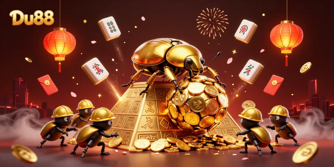 Join the excitement of Du88 with a golden beetle scene filled with casino symbols and riches.