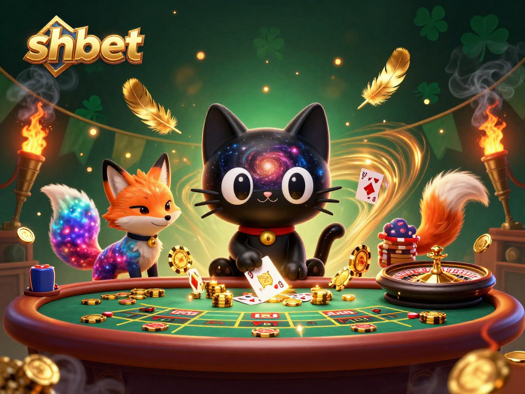 Experience the thrill of betting with shbet's cosmic illustration of a black hole cat at a live casino table.