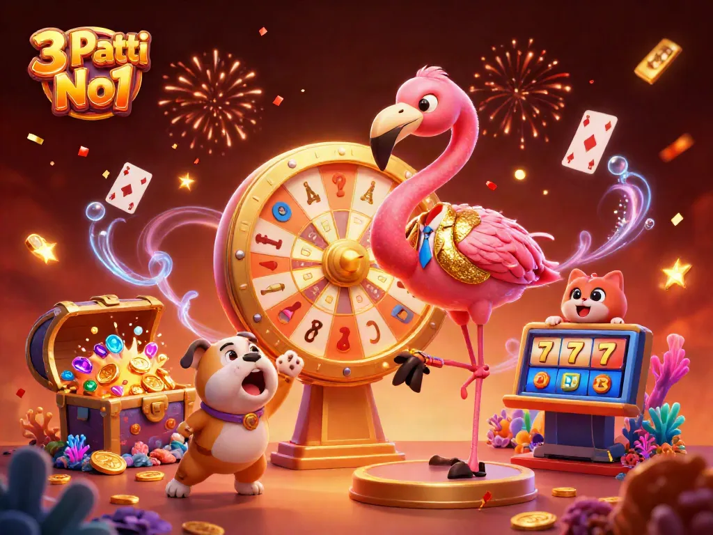 Experience the thrill of 3 Patti No1 as the flamingo host spins the prize wheel with excitement.