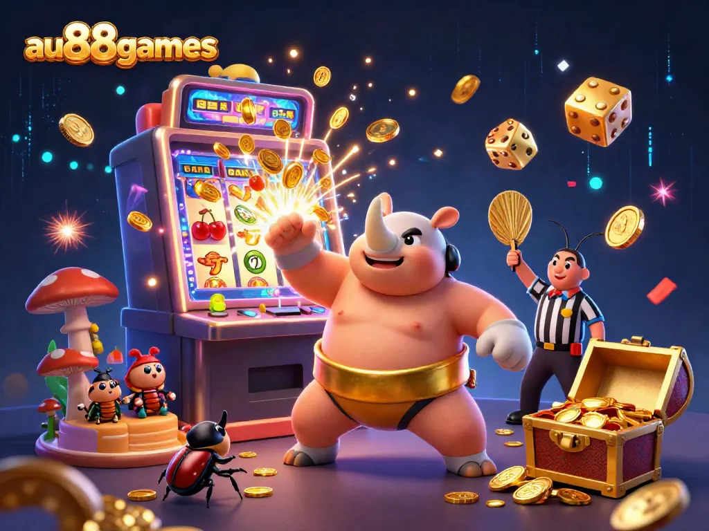 Experience thrilling gameplay at au88games with a dynamic casino scene featuring vibrant characters and jackpots.
