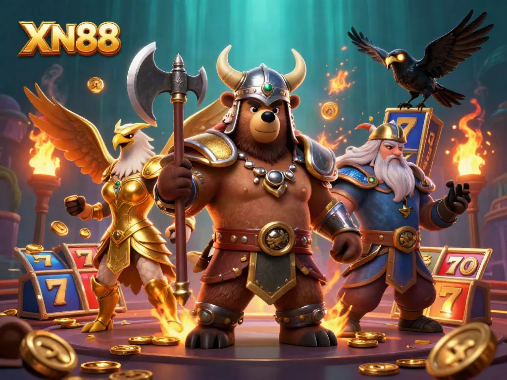 XN88 champions winning slots with a Viking bear and Valkyrie eagle in a vibrant casino scene.