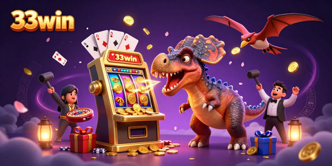 Experience the excitement of 33win as a pachycephalosaurus triggers a golden slot machine, showering cash rewards.