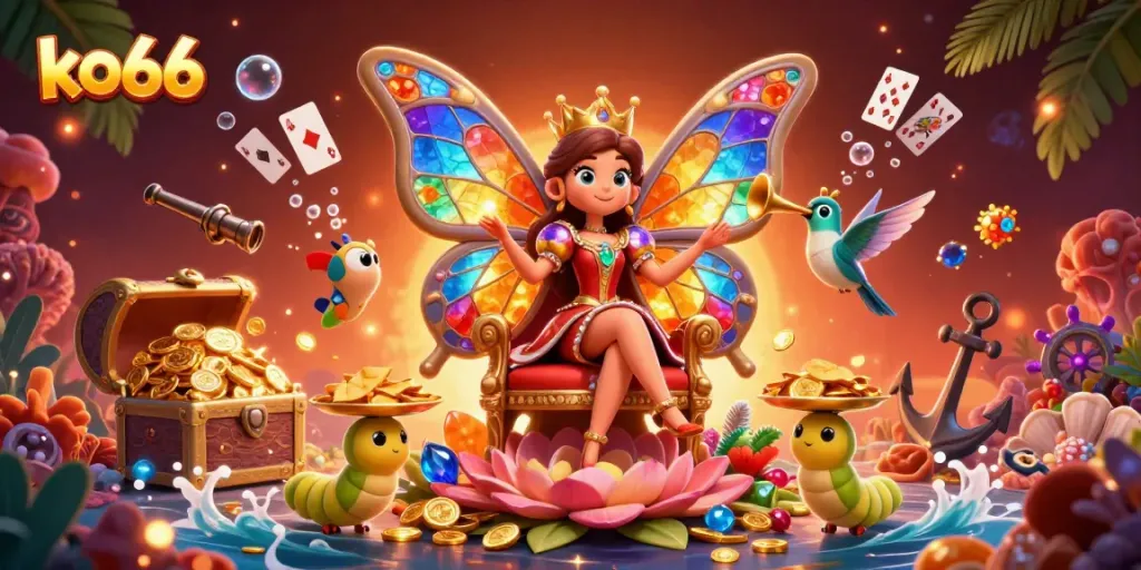 Experience the vibrant energy of ko66 with a dazzling butterfly queen surrounded by casino-themed treasures.