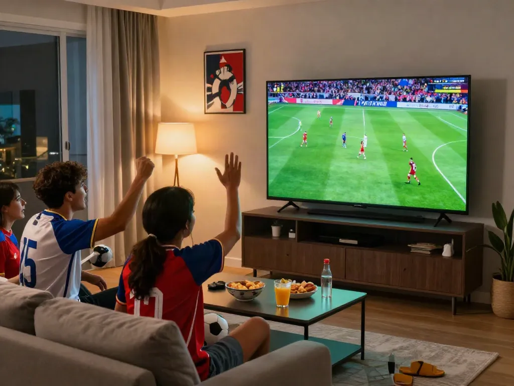 Fans enjoying a live soccer match on Xoilactv in a cozy living room.