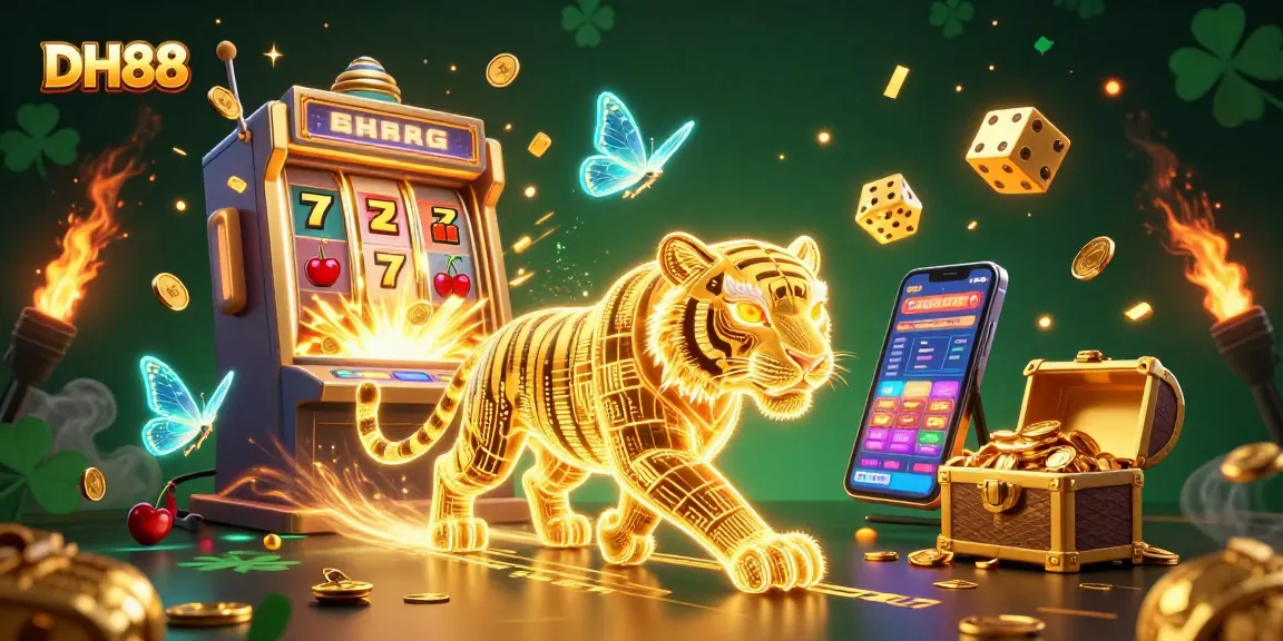 Experience thrilling wins with DH88 in a vibrant digital casino scene featuring a golden tiger and exploding jackpots.