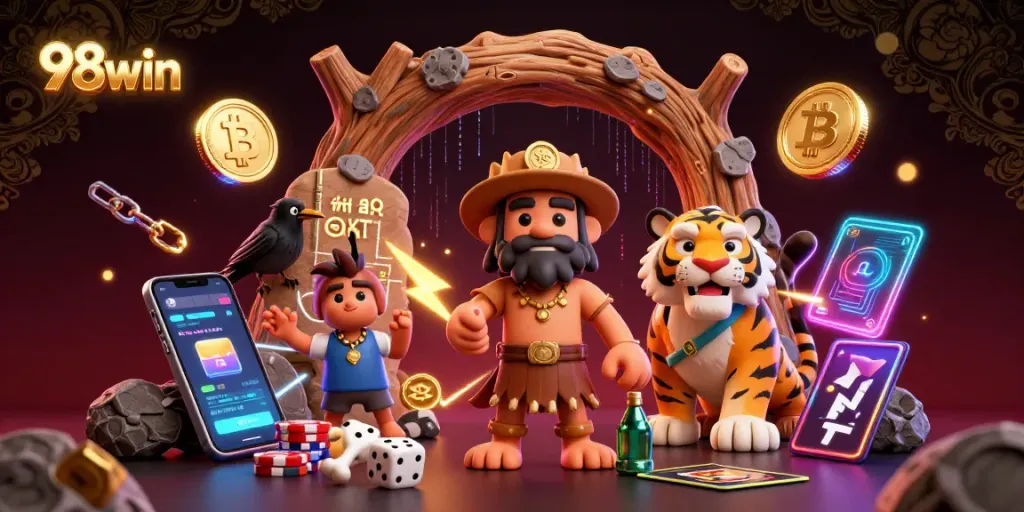 Play exciting games at 98win's prehistoric casino with a dynamic three-character scene.