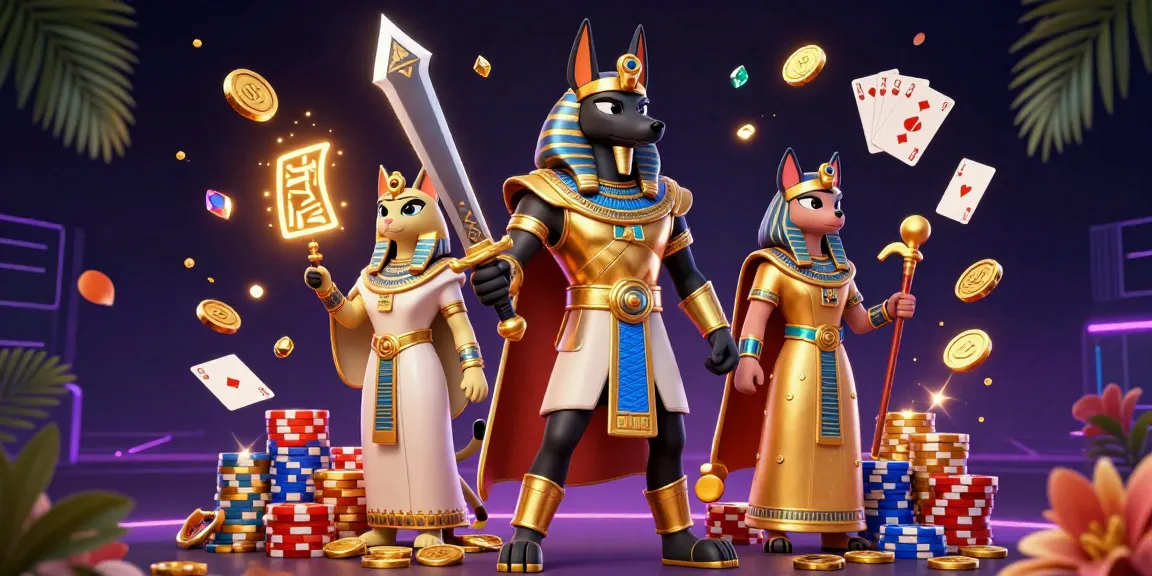 SUNWIN elevates gaming experience with Anubis and Bastet surrounded by sparkling gems and coins.