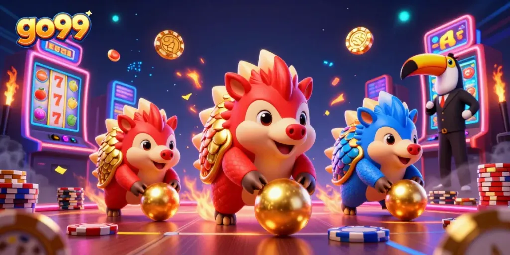 Experience exciting gameplay at go99 with animated pangolins in a casino scene.
