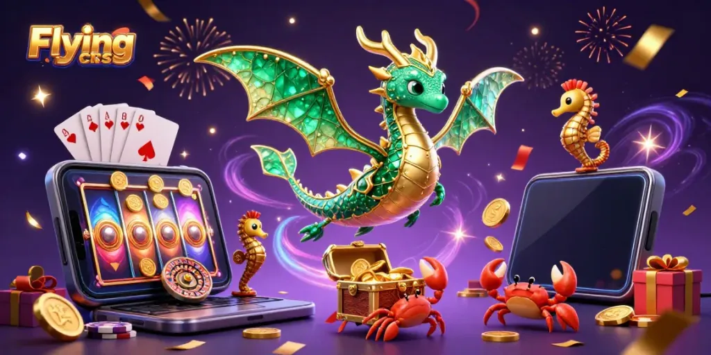 Win big playing Flying chess with colorful slot reels and vibrant gaming elements in a magical setting.