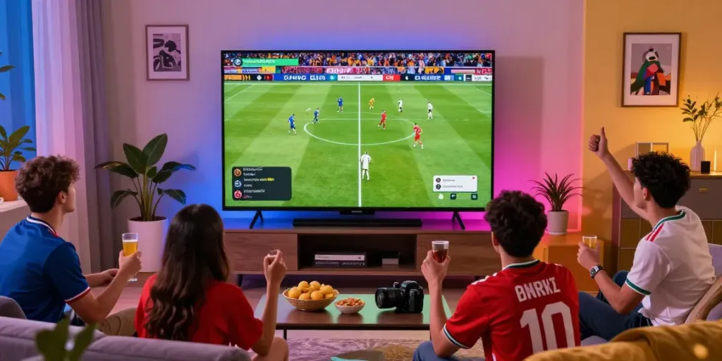 Fans enjoying a live football match on Thapcamtv in a vibrant living room