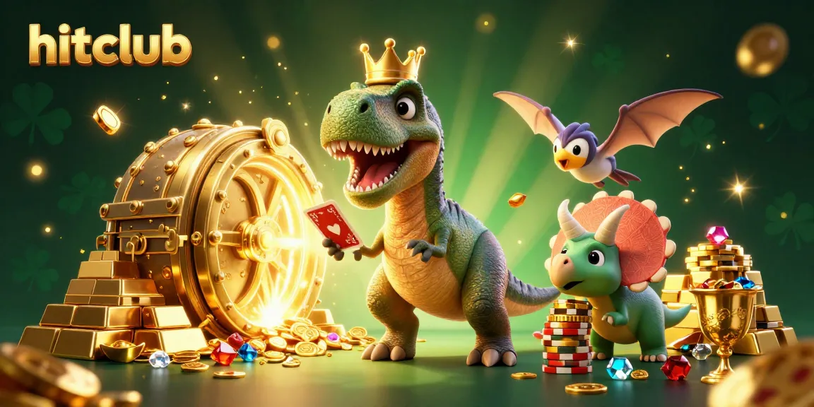 Hitclub players enjoy card games with vibrant characters and overflowing treasures in a dynamic casino scene.