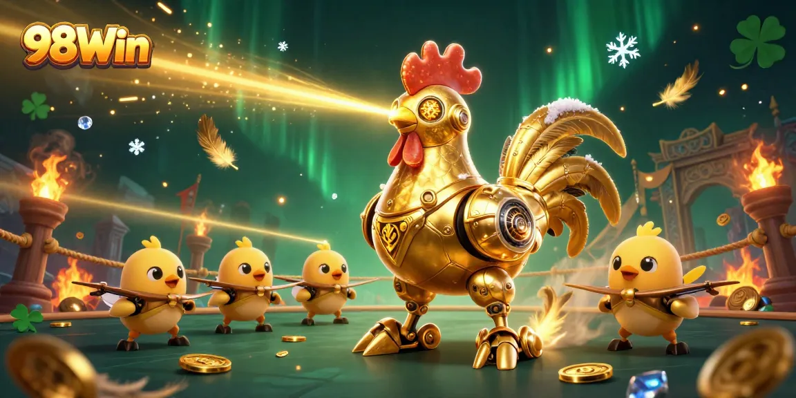 Engage with vibrant 98Win casino action featuring a golden rooster robot amidst thrilling gaming elements.