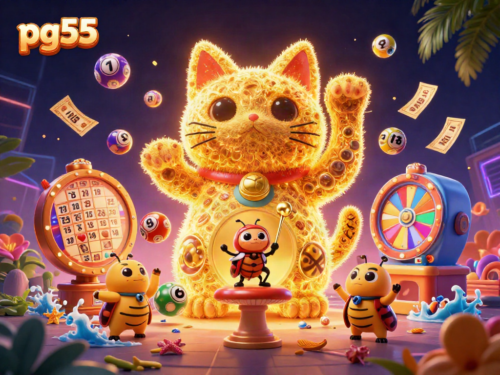 Engage with pg55's casino excitement, featuring a vibrant lucky cat and lottery balls.