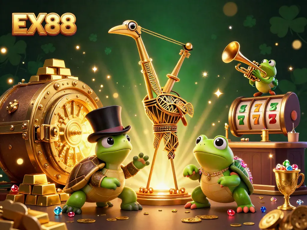 Engage with EX88's vibrant casino atmosphere featuring unique characters and dazzling treasures.