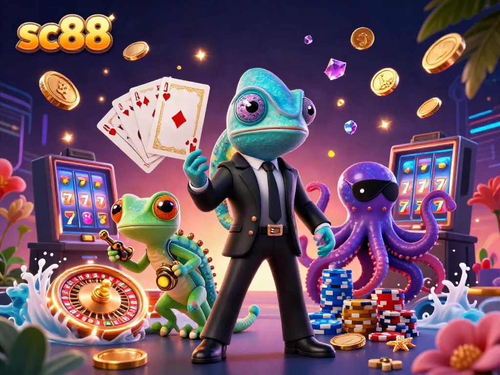 Experience the excitement at sc88 with a vibrant 3D casino scene featuring colorful characters and thrilling games.
