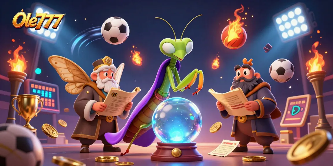 Experience thrilling gameplay at Ole777 with a captivating 3D illustration of fortune tellers and sports betting elements.