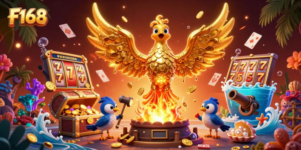 Engage in F168's dynamic casino adventure with a molten phoenix and vibrant gaming elements.