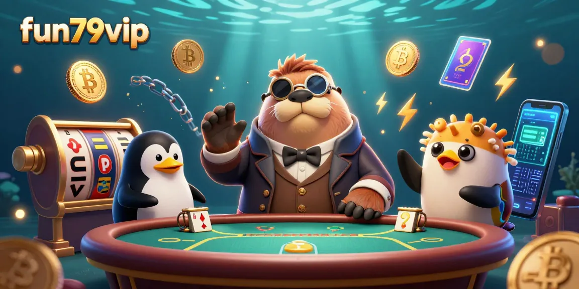 Experience the excitement with fun79vip at an underwater poker game featuring whimsical characters.