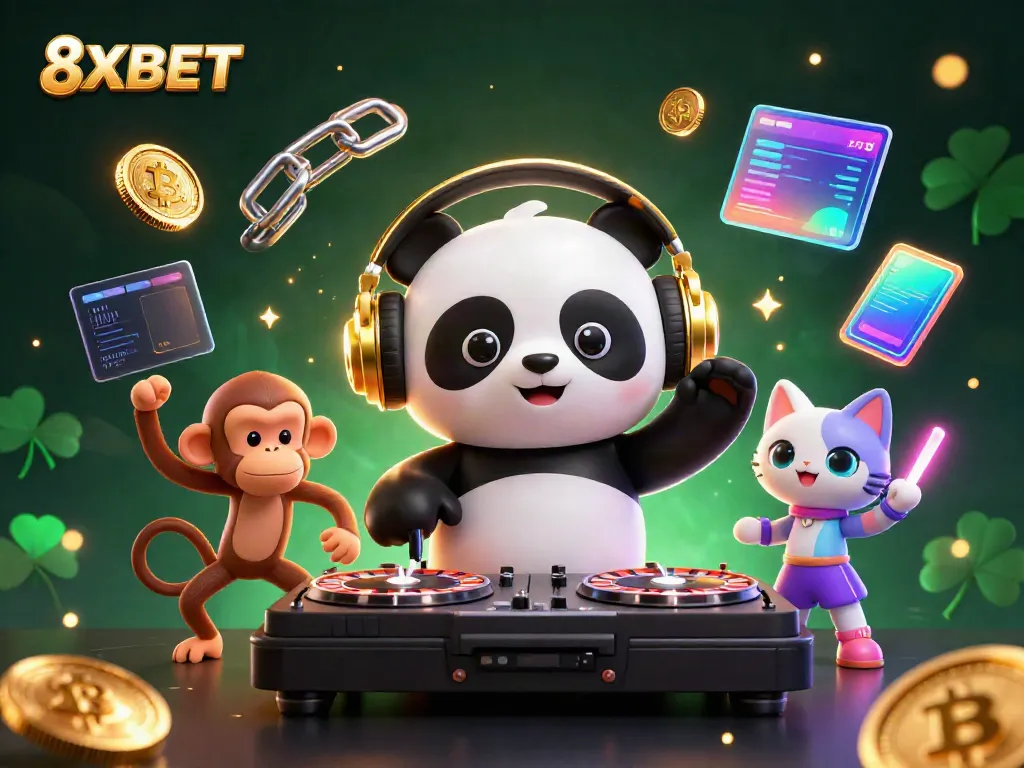 Engage with action-packed gaming at 8XBET with lively illustrations of vibrant characters in a casino atmosphere.