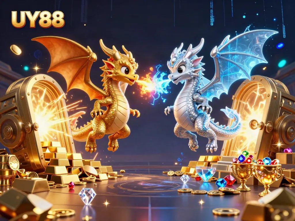 Witness the magical realm of UY88, where dragons breathe frost and flames, surrounded by treasure in a vibrant casino world.