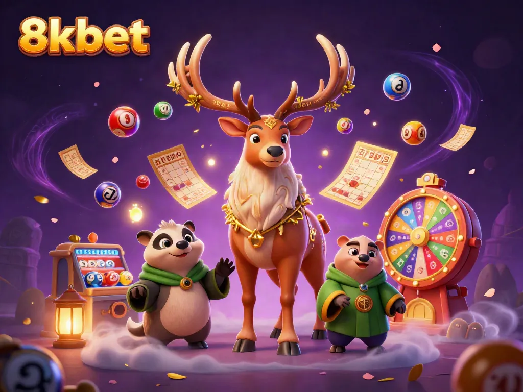 Engage with 8xbet's vibrant gaming scene featuring iconic elements like lottery balls, a stag, and a badger.