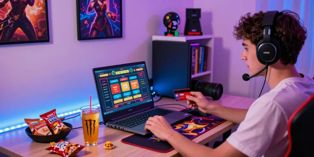Excited player funding online credit card casinos with colorful gaming setup and snacks.