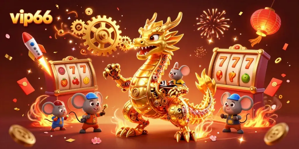 Experience the excitement of vip66 with a golden dragon and jackpots in a vibrant casino scene.
