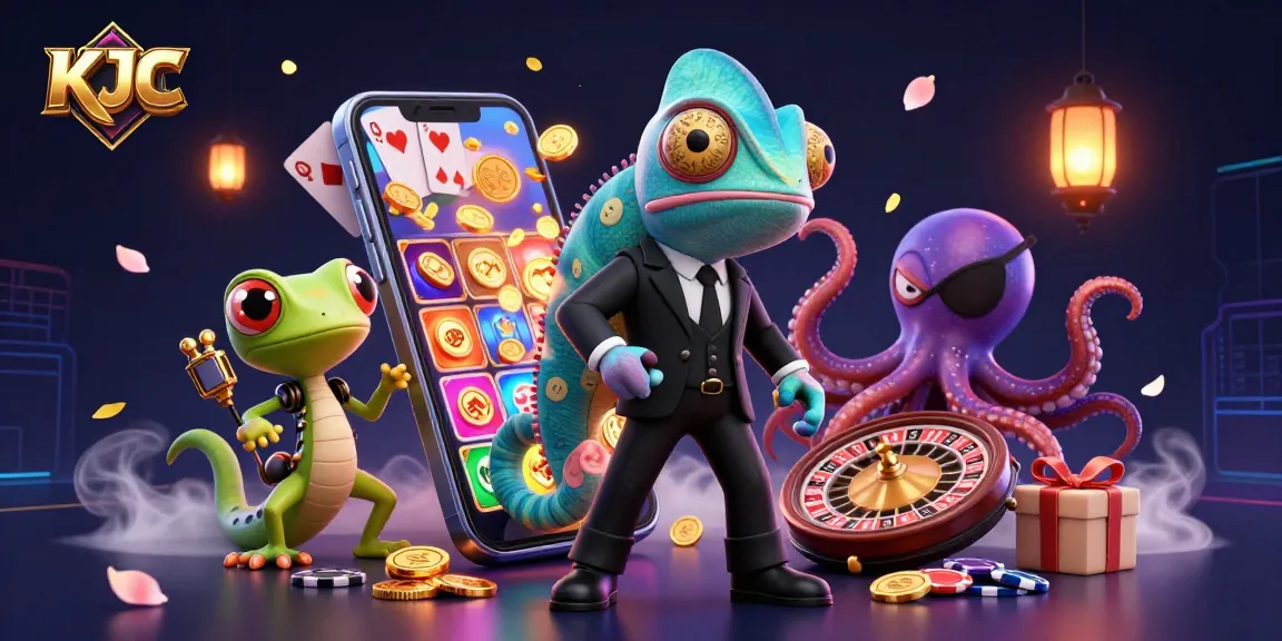 KJC showcases a vibrant online casino scene with a colorful slot game, dynamic characters, and rich details.