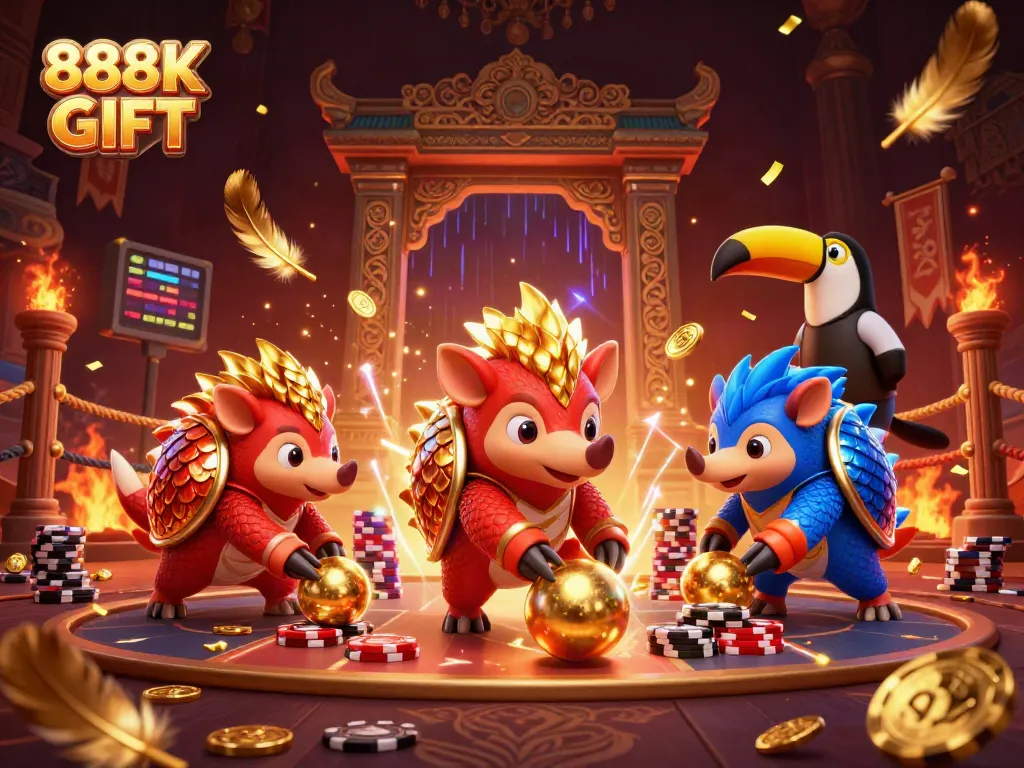 Players enjoy thrilling casino action with 888K GIFT in a dynamic poker scene featuring rival pangolins.