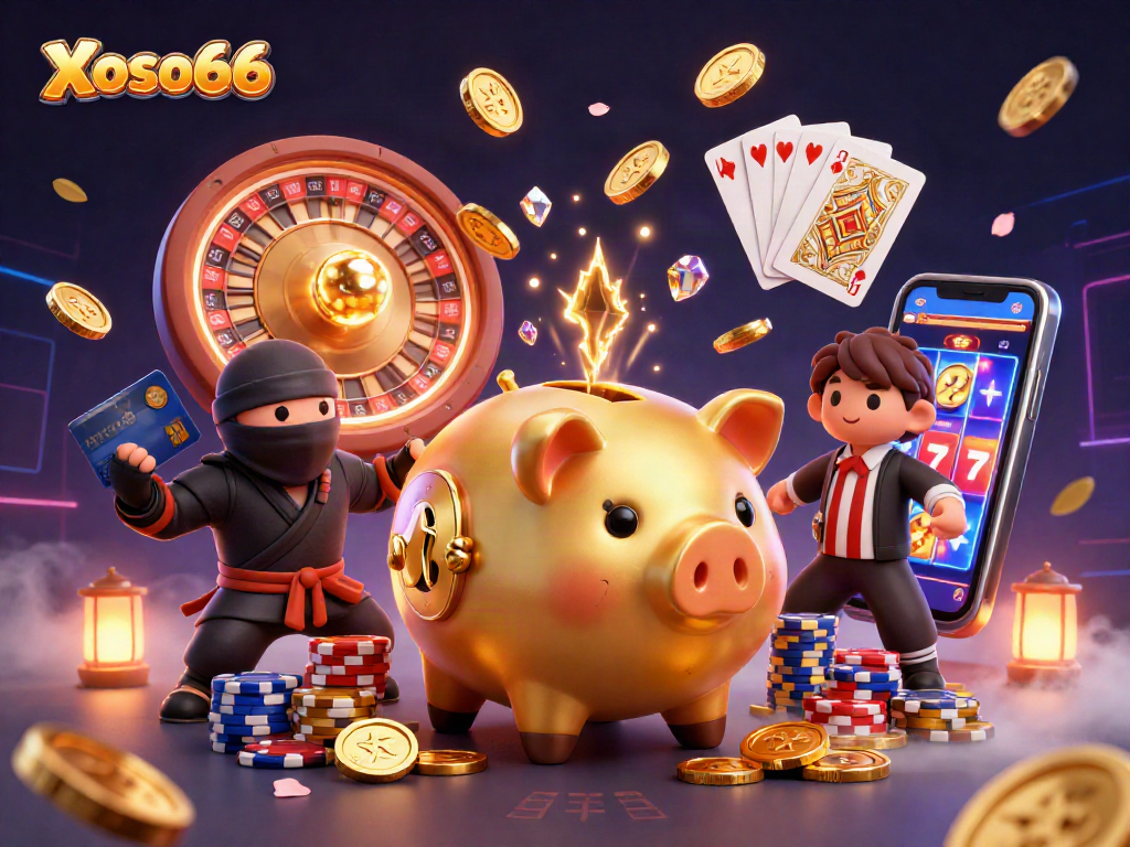 Xoso66 showcases an exciting casino scene with dynamic characters and gaming elements.