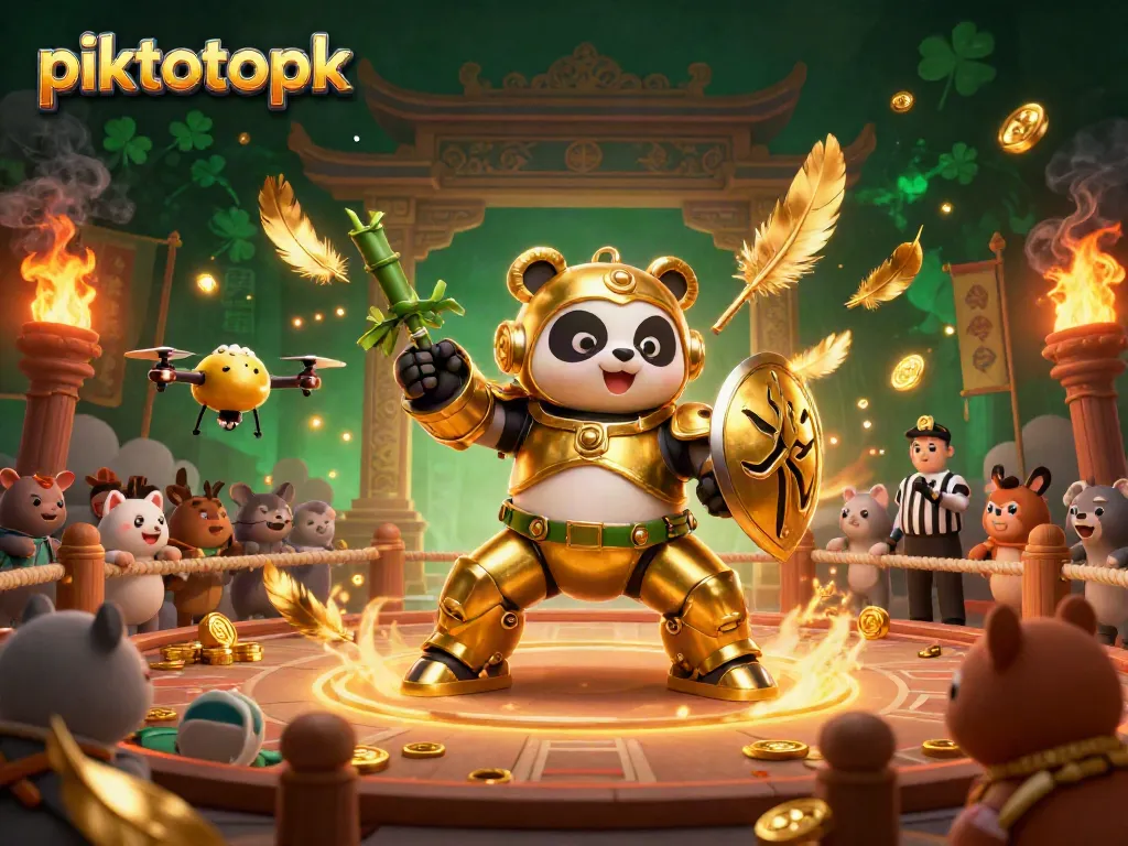 Watch the thrilling mech-suit battle with piktotoapk in this vibrant casino arena scene.