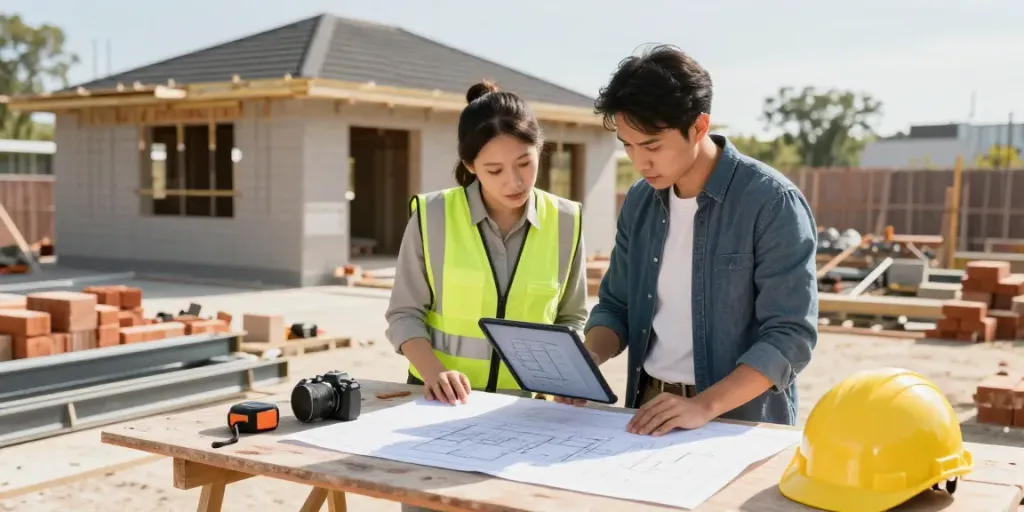 Quantity surveyor for builders reviewing project plans on-site with construction team.