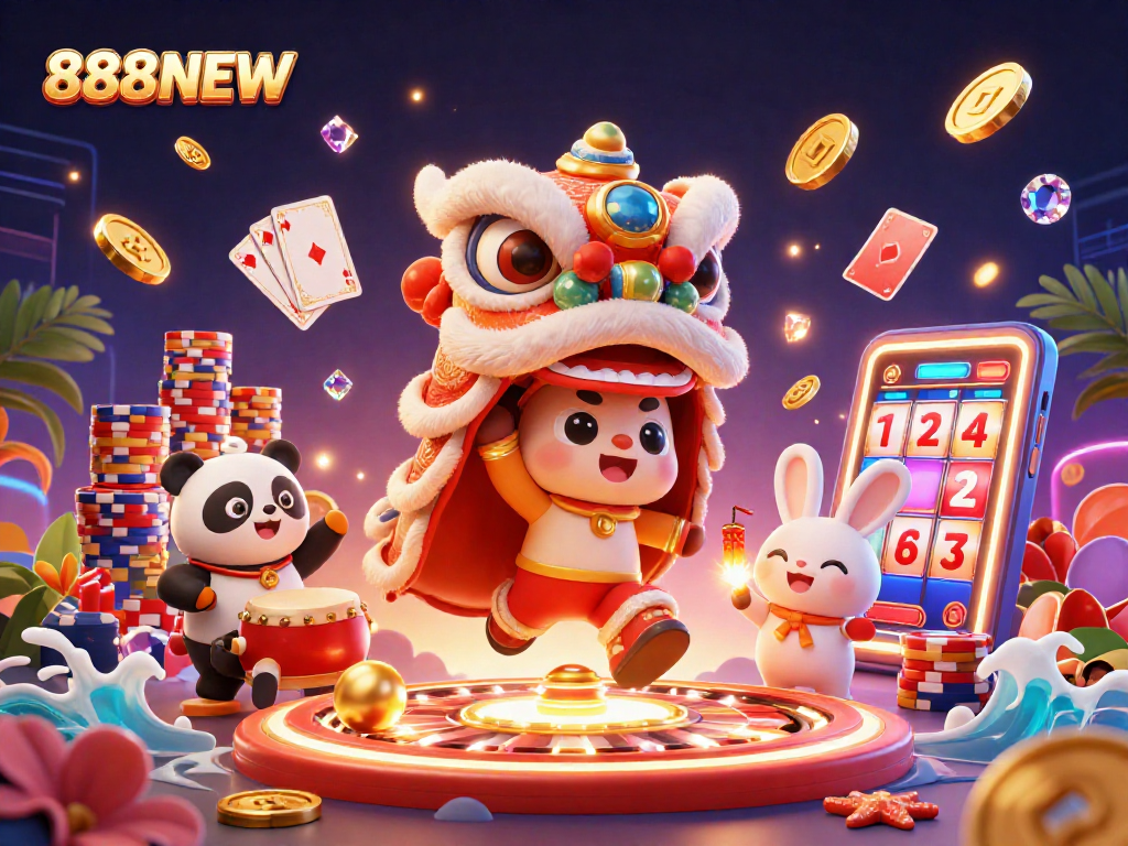 Engage players with 888NEW's vibrant lion dance themed illustration packed with dynamic casino elements.