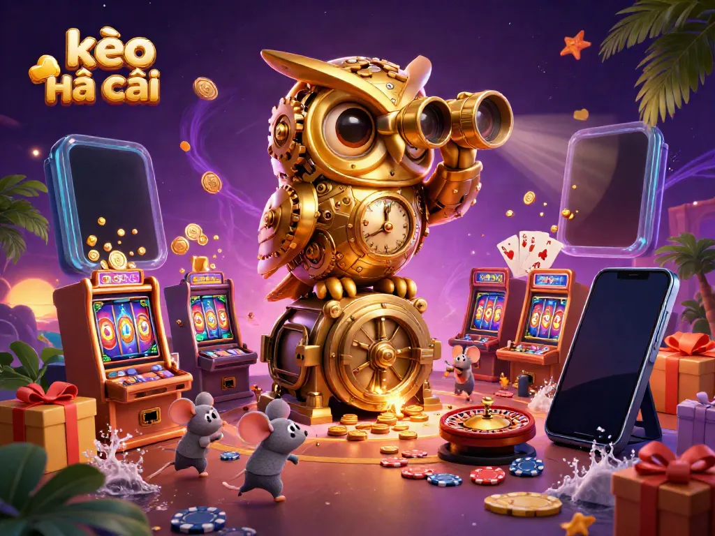 Engage in winning strategies with kèo nhà cái as a clockwork golden owl oversees an animated casino scene filled with dynamic games.