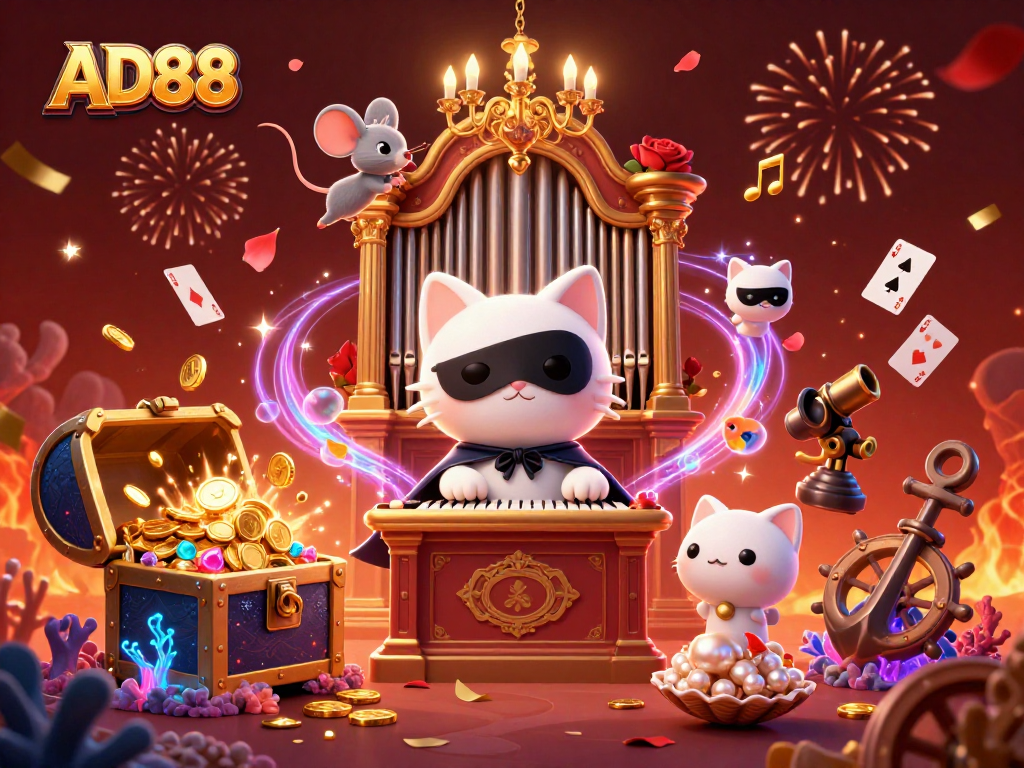 Spin the reels with excitement at AD88 showcasing vibrant, festive casino elements.
