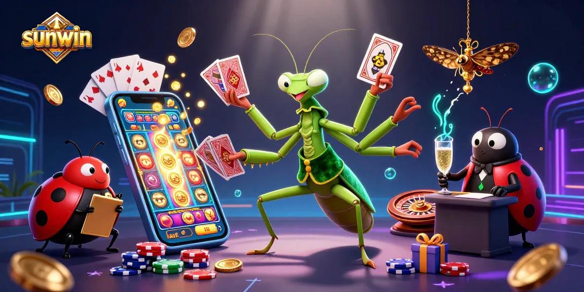 Experience sunwin's exciting games with vibrant illustrations of a mantis dealer and ladybug boss.
