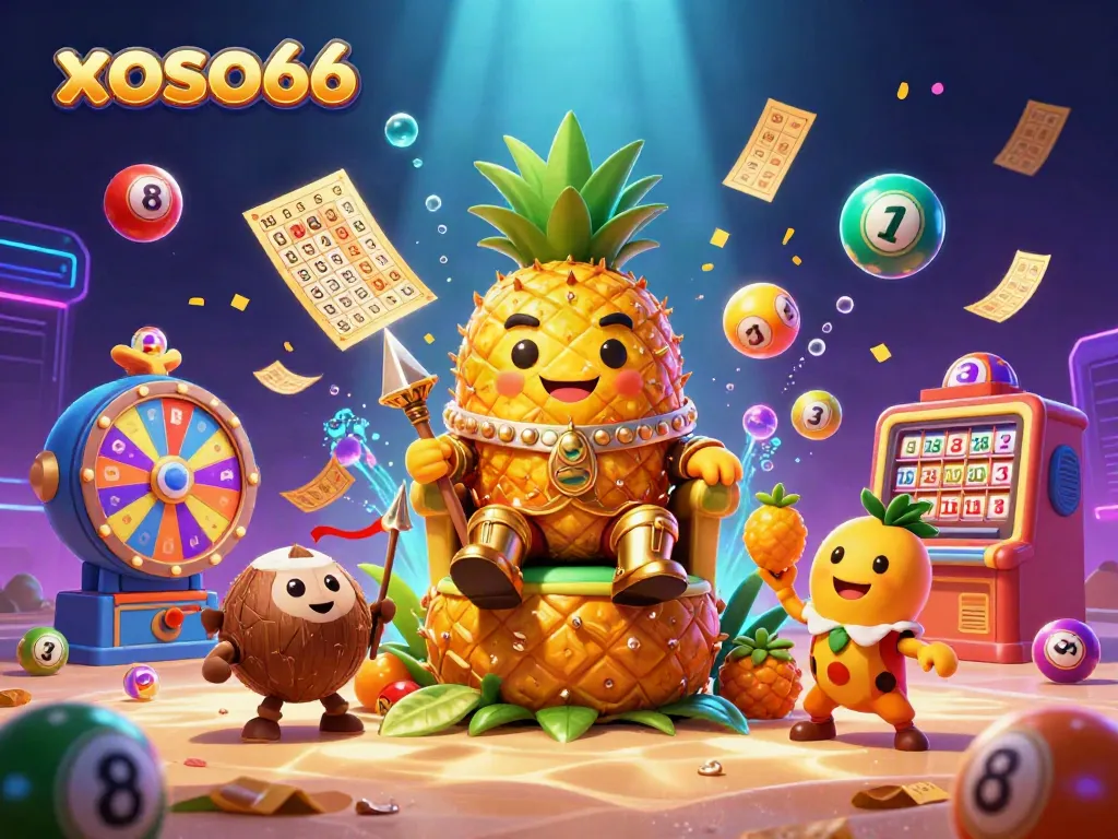 Experience the excitement of xoso66 with vibrant lottery elements and casino characters in action.