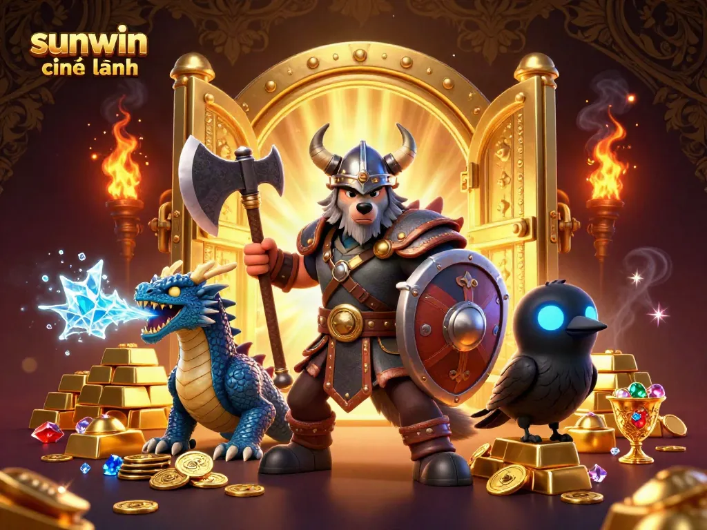 Engage in gaming thrills with Sunwin chính hãng, showcased by a Viking warrior, dragon, and treasures.
