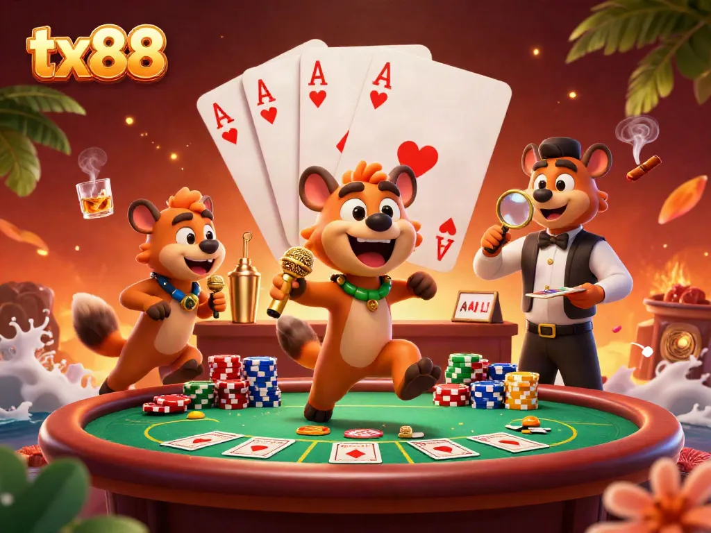 Engage with tx88 in a vibrant casino scene featuring hyena characters in lively action.