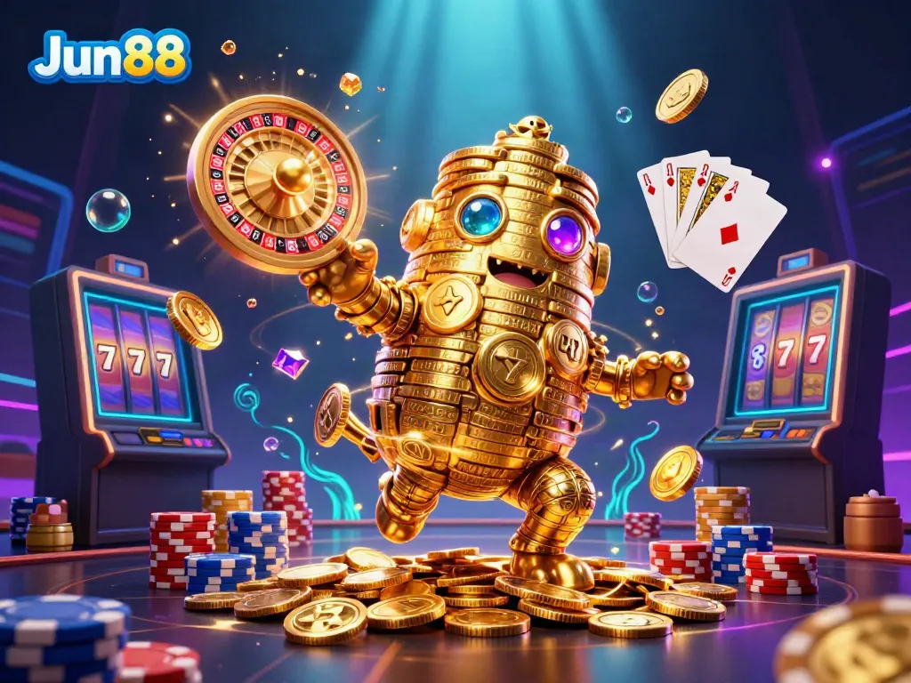 Experience thrilling gaming at Jun88 with a dynamic scene of a golden golem and casino elements.
