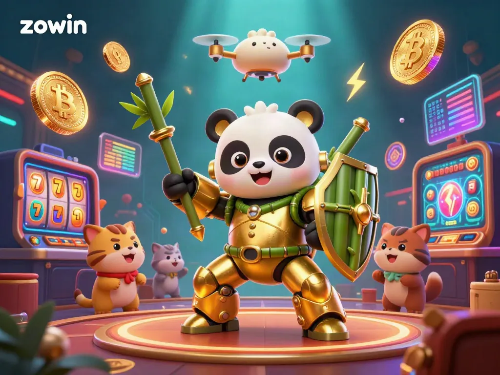 Zowin's exciting casino scene features a golden panda robot amidst vibrant slot machines and Bitcoin coins.