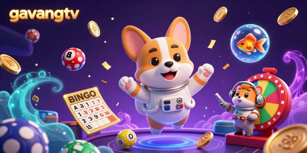 Engage with the thrilling world of gavangtv in this dynamic illustration featuring a corgi astronaut in a space casino surrounded by vibrant gaming elements.