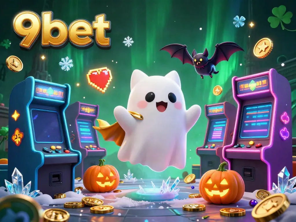 Join the excitement with 9bet's vibrant online casino scene featuring a playful ghost cat and glowing poker pumpkins.