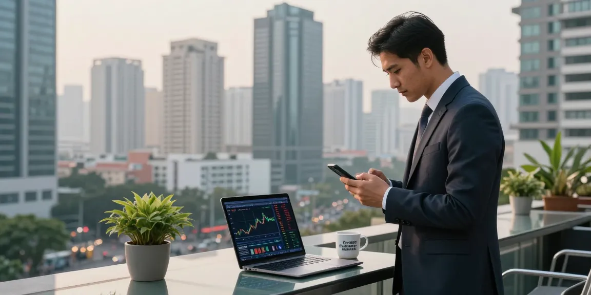 Consultant analyzing Dhankubera financial trends in a dynamic urban setting, laptop and coffee in view.
