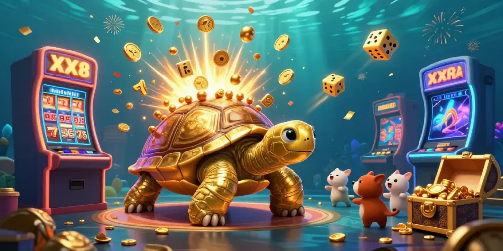 Engage with the exciting online casino experience at XX8 with a vibrant illustration featuring a golden tortoise pinball machine and jackpot elements.