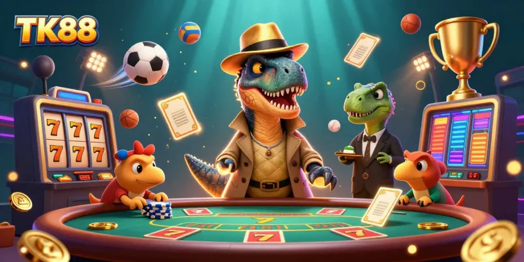 TK88 velociraptor and stegosaurus in a vibrant blackjack casino scene filled with jackpots and rich details.