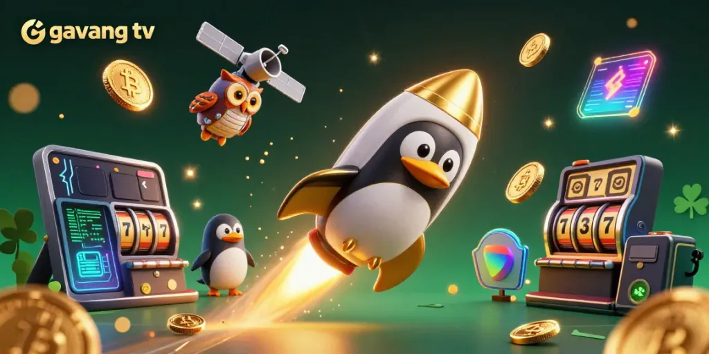 Experience excitement with Gavang TV’s vibrant gambling scene featuring a golden penguin and casino elements.