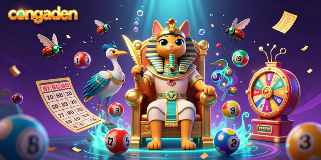 Experience exciting gambling moments with congaden, illustrated by a cartoon pharaoh cat in a dynamic casino scene.