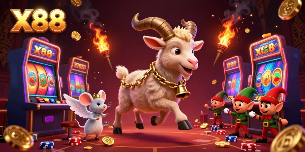 X88 casino scene with Krampus goat, angel mouse, and greedy elf gremlins amidst colorful slot machines.